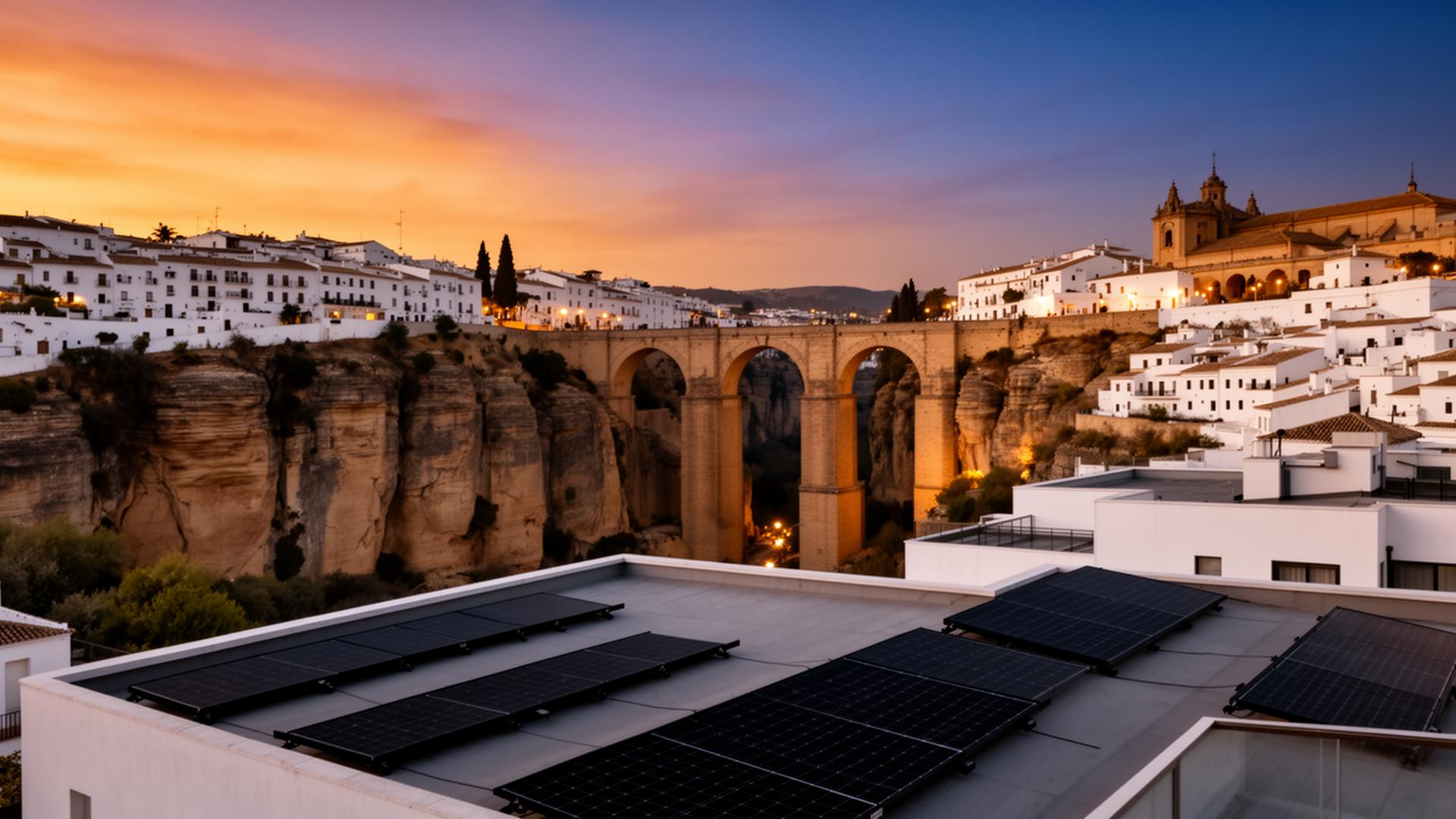 Vistas de Ronda con tejados solarizados al atardecer
