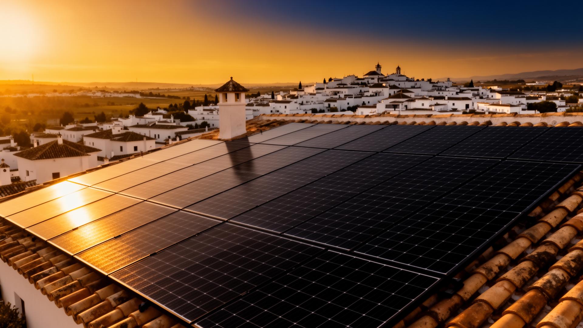 Instalación fotovoltaica en cubierta andaluza al atardecer