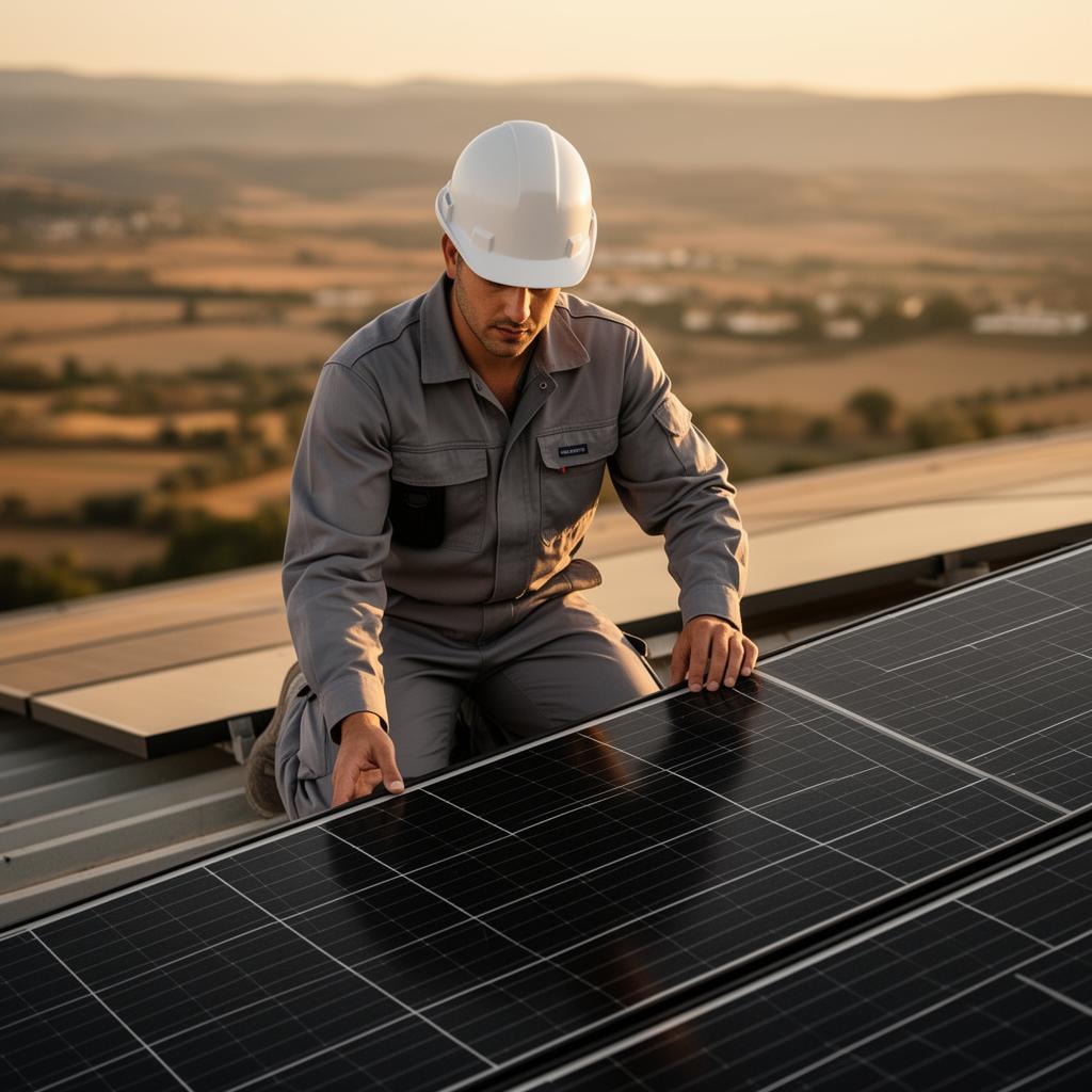 Técnico de Sunbox instalando un panel solar al atardecer